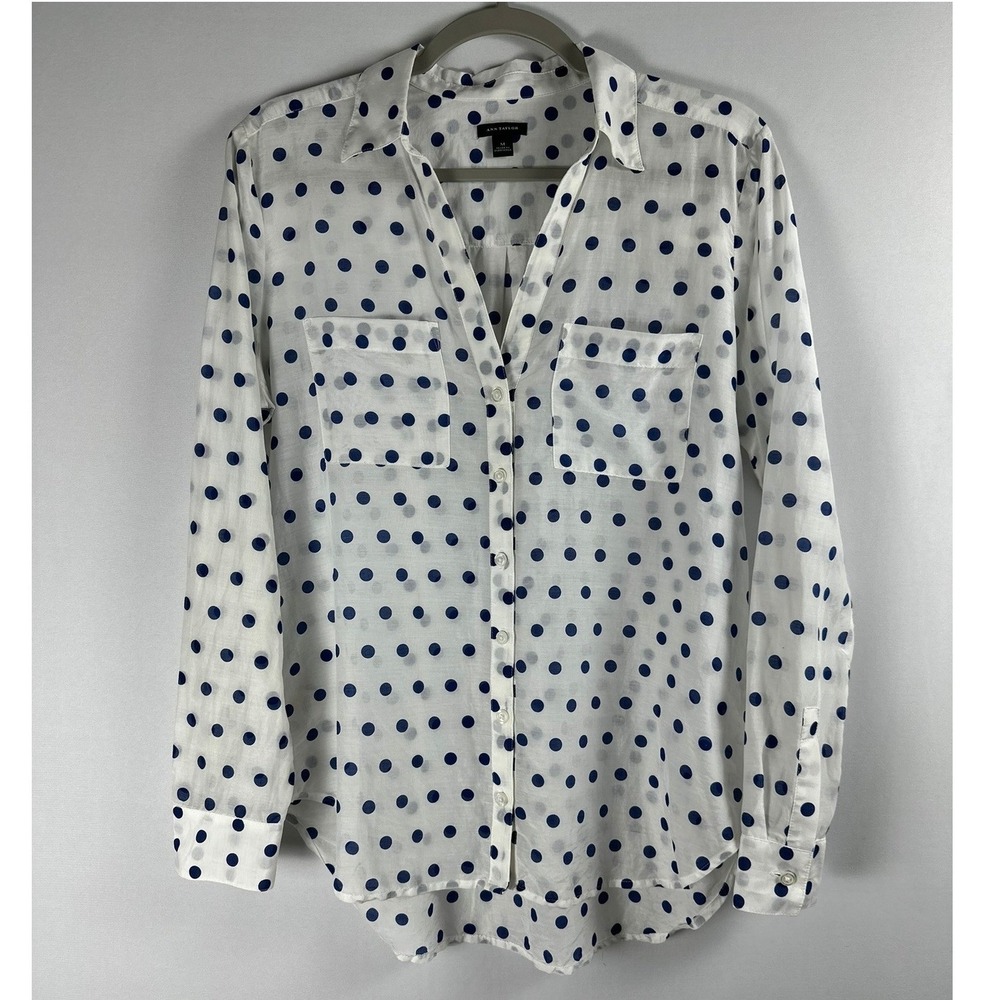 Ann Taylor Button Down Size M White Blue Polka Dot Cotton Silk Preppy Office